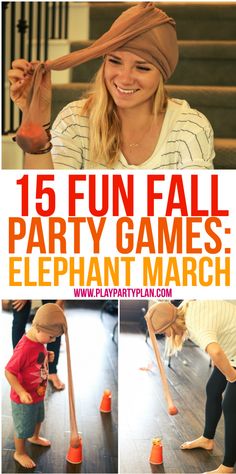 a collage of photos with the words 15 fun fall party games elephant march