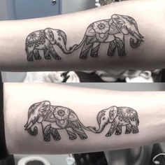 two tattoos on the arms of people with elephants