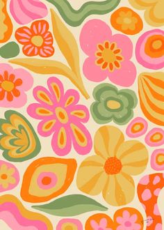 an image of colorful flowers and leaves on a white background with orange, pink, green, yellow and red colors