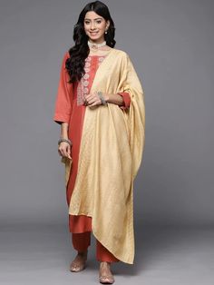 Orange Silk Blend Floral Embroidered Suit Set with Dupatta Straight Kurta Salwar Kameez With Embroidered Border, Diwali Floral Embroidery Straight Kurta Churidar, Diwali Floral Embroidered Straight Kurta Churidar, Diwali Floral Embroidery Churidar Straight Kurta, Diwali Floral Embroidered Churidar With Straight Kurta, Eid Kurta With Floral Embroidery And 3/4 Sleeve, Traditional Embroidered Sets With 3/4 Sleeve, Resham Embroidery Kurta With 3/4 Sleeve, Festive 3/4 Sleeve Sets