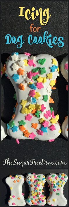 an image of dog cookies with sprinkles on them and the title overlay reads icing for dog cookies