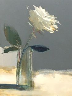 a painting of a white flower in a glass vase on a table top with grey background