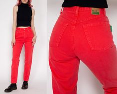 Vintage 90s/Y2K high waisted coral pink denim jeans by United Colors of Benetton, with a tapered leg. Measurements and Condition: Fits like: Labeled 26x29, fits modern women's XXS to petite XS Fabric: Cotton denim Brand: United Colors Of Benetton Condition: Excellent Waist: 23" Hips: 34" - taken at the bottom of the zipper opening Rise: 10" Inseam: 27" Shown on a 5'3" model with measurements of 31"-24"-34.5", usually wears a size petite extra small. See our FAQ for more info on sizing and condit Pink Denim, Pink Jeans, Denim Branding, Womens Jeans, United Colors Of Benetton, High Waisted Denim, Coral Pink, Fabric Cotton, Modern Woman