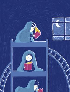 two people are reading books on a ladder in the dark night, while another person is watching them