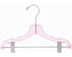 a pink plastic hanger with two clips