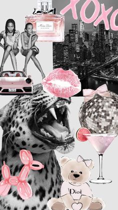 the collage has pink and black images, including an image of a woman in leopard print