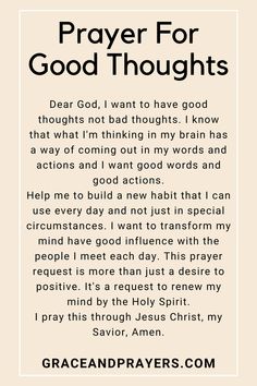 a prayer card with the words prayer for good thoughts