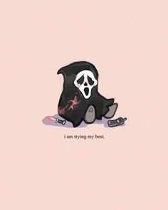 a black and white ghost sitting on top of a pink background with the caption i am trying my best