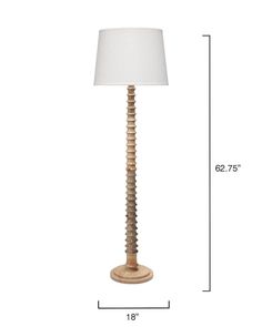 a tall wooden lamp with a white shade on the base and measurements for each bulb