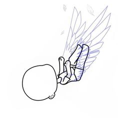 a drawing of a person falling off his back with wings on their head and feet