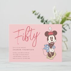 a pink birthday party card with a cartoon mouse on it