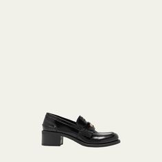 Miu Miu leather penny loafers 2.00 in / 50 mm block heel Round moc toe Notched vamp with keeper strap Slip-on style Rubber outsole Lining: Leather Made in Italy Heeled Penny Loafers, Miu Miu Loafers, Penny Loafers, Loafer Shoes, Leather Heels, Miu Miu, Block Heels, Penny, Tops Designs