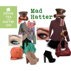 a collage of fashion items including shoes, hats and bags with the words mad hatter on it