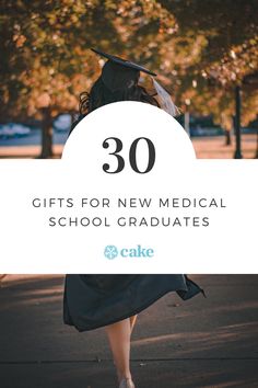 a woman in graduation gown with the words 30 gifts for new medical school graduates