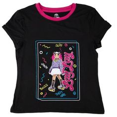 Your child will love wearing this That Girl Lay Lay Boss Short-Sleeve Shirt with all of their fave bottoms, whether they are dancing or singing at home like their favorite TV star or playing outside. This pullover tee is made from a soft and stretchy fabric and hits below the waist for comfortable all-day wear, and it's finished in a versatile black shade with hot pink trim on the crewneck for added flair. A vibrant boxed illustration of the teen hip-hop icon is depicted across the front, along Fun Graphic Print T-shirt For Playwear, Black Spring Tops For School, Trendy Black Tops For School, 90s Inspired Black Tops With Text Print, Trendy Graphic Print T-shirt For Playwear, 90s Inspired Black Text Print Top, 90s Inspired Black Top With Text Print, Black Short Sleeve Tops For Playwear, Trendy Graphic Print Tops For School