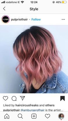 Rose Gold Balayage Short Hair, Pink Balayage Brunette Short, Short Brown Hair With Pink Tips, Brown To Pink Balayage Short Hair, Rose Gold Peekaboo Highlights, Pink Balayage Short Hair, Dark Roots Pink Hair Balayage, Pink Hair With Shadow Root, Balayage Brunette Short