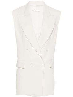 ivory white textured finish peak lapels shoulder pads sleeveless chest welt pocket two side flap pockets English rear vents full lining straight hem double-breasted button fastening Fitted Chic Vest With Welt Pockets, Chic Fitted Vest With Welt Pockets, Elegant Vest With Notch Lapel And Welt Pockets, Classic Single-breasted Sleeveless Vest, Semi-formal Sleeveless Outerwear With Pockets, Classic Lapel Collar Vest For Workwear, Classic Vest With Lapel Collar For Workwear, Formal Spring Vest With Welt Pockets, Classic Office Vest With Pockets