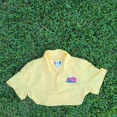 Adorable Custom Yellow Y2k Early 2000s Prep School Collar Shirt Clueless Vibes Size Medium Y2k Collared Tops For Summer, Yellow Collared T-shirt For Summer, 90s Collared Tops For Spring, 90s Style Collared Tops For Spring, Sporty Yellow Tops For Summer, White Blouse Dress, Clueless Vibes, Yellow Y2k, Y2k Early 2000s