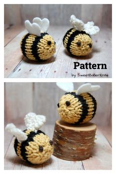 crocheted bee sitting on top of a wooden stump with text overlay that says,'free pattern '