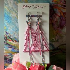 3d Drop Earrings 3d Christmas Tree, Tree Earrings, Christmas Tree Earrings, Pink Christmas Tree, Earring Tree, Betsey Johnson Jewelry, Earrings Color, Silver Stars, Pink Christmas