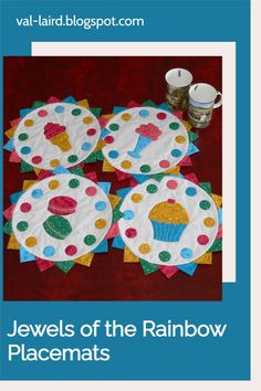 the cover of jewels of the rainbow placemats is shown with cupcakes on it