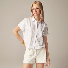 J.Crew: Collection Embellished Button-up Shirt For Women Designer Embroidered Collared Tops, Designer Button-up Tops For Spring, Designer Summer Shirt With Button Closure, Designer Embroidered Shirt For Spring, Elegant Embellished Summer Shirt, Designer Button-up Tops For Summer, Designer Cotton Button-up Blouse, Designer Button-up Tops For Daywear, Spring Workwear Shirt Embellished