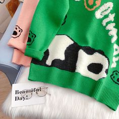 Style: commuting Size: one size Color: pink, green Loose Sweater, College Fashion, Cute Cartoon, Green, Pink, Color