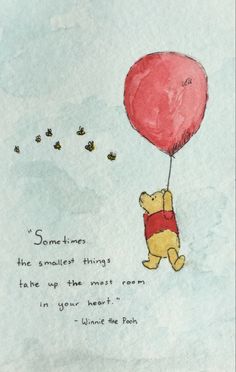 winnie the pooh flying with a red balloon and bees in the sky behind it