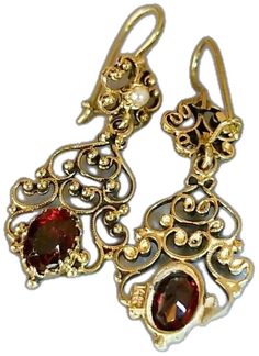 Elegant Yellow Gold Earrings With Historical Design, Elegant Gold Garnet Earrings, Elegant Pierced Garnet Earrings, Gold Garnet Earrings For Wedding, Elegant Yellow Gold Garnet Earrings, Green Mermaid, Garnet Earrings, Seed Pearl, Antique Earrings