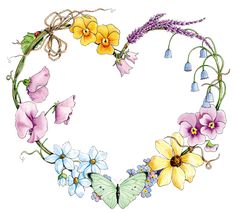 flowers arranged in the shape of a heart with butterflies and bells on each side photo