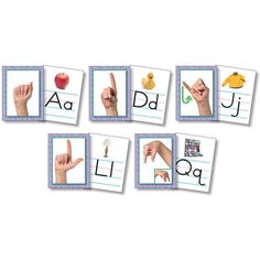 several pictures of different hand gestures and letters on the same page, each with an individual's name