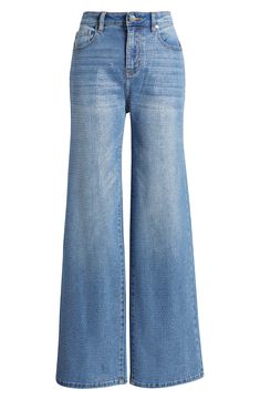 Add a splash of sparkle to denim day in wide-legged jeans cut with soft stretch and covered in tiny rhinestones. 31" inseam; 22" leg opening; 11" front rise; 15" back rise (size 29) Zip fly with button closure Five-pocket style 69% cotton, 20% polyester, 9% viscose, 2% elastane Hand wash, line dry Imported Wide Legged Jeans, High Waist Wide Leg Jeans, Denim Day, Fabric Gift Bags, Free Fabric, Wide Leg Jeans, Leg Jeans, High Waist, Wide Leg