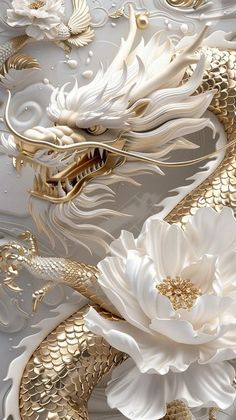 a white and gold dragon with flowers on it