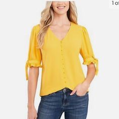 Cece Womens Yellow Ruffled Tie Button Closures Elbow Sleeve V Neck Blouse L Nwt Size L 21”P2p 24” L From Shoulder Hem Cheap Yellow V-neck Blouse, Girly Outfit, Tie Sleeve Blouse, Crepe Blouse, Petite Blouses, Prom Shopping, Blouse Style, Blouse Nordstrom, Lovely Tops