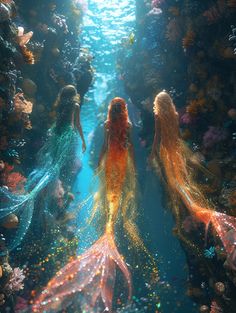 three mermaids are swimming in the water with their tails spread out and there is light coming from behind them