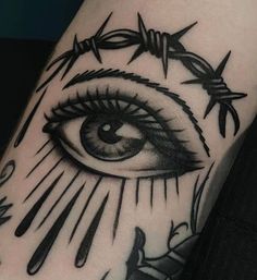 an eye with barbed wire around it and the word's name on its side