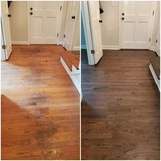 before and after photos of hardwood flooring in a home's entryway area