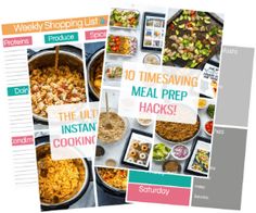 three different cookbooks with the words 10 times saving meal prep hacks on them