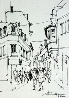 a black and white drawing of people walking down the street in front of some buildings