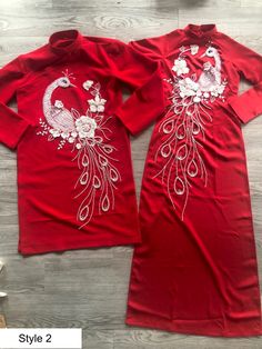 Beautiful traditional Vietnamese Ao Dai made to fit your measurements! Choose between 3 styles - Style 1: Red color with hand drawn patterns: dragon and phoenix - Style 2: Red color with beaded peacock patterns - Style 3: Red color with embroidered phoenix patterns Can be ordered as a single Ao dai for the lady or with the matching male Ao dai - Optional head piece at extra cost: please message us with a style you want - Price include pants for the bride's Ao dai The dress will need 2-3 weeks to Red Ao Dai For Banquet, Red Ao Dai For Festive Banquet, Red Ao Dai For Banquet And Festive Occasions, Red Dress For Wedding And New Year, Red Wedding Dress For New Year, Red Dress For Wedding And New Year's Eve, Red Wedding Dress For New Year's Eve, Vietnamese Wedding Ao Dai, Traditional Vietnamese Wedding