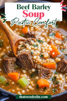 beef barley soup with carrots and celery in a pot