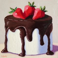 a painting of chocolate cake with strawberries on top