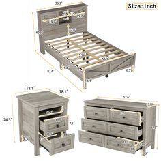 an image of a bed with drawers in the middle and measurements for each drawer area