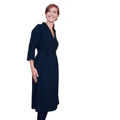 "The V-neck dress has a narrow V-shaped neckline that continues as a collar in the back of the neck. It features 3/4 long sleeves, pockets in side seams and an optional belt. The pattern includes parts and instructions to make the model with or without sleeves. The pattern comes carefully packaged in an envelope together with step-by-step sewing instructions. Skill Level : Intermediate Sizes : XS to XXL New, uncut paper pattern Suggested fabrics are light to mid weight fabrics such as denim, cotton twill, wool, needlecord, lightweight canvas. Fabric requirements 55-60\" fabric width:  Sleeveless: XS 1 3/4 / S 1 7/8 / M 2 1/4 / L 2 1/3 / XL 2 5/8 / XXL 2 2/3 With sleeve: XS 2 1/8 / S 2 1/3 / M 2 3/4 / L 2 7/8 / XL 3 1/8 / XXL 3 1/4" V-neck Workwear Dresses With Pockets, V-neck Work Dresses With Pockets, Elegant Dress With Pockets And 3/4 Sleeves, Elegant Dress With 3/4 Sleeves And Pockets, Elegant 3/4 Sleeve Dress With Pockets, Elegant Dresses With Pockets And 3/4 Sleeves, 3/4 Sleeve Wrap Dress For Work, V-neck Midi Dress With Pockets For Work, Fall Workwear Midi Dress, 3/4 Length