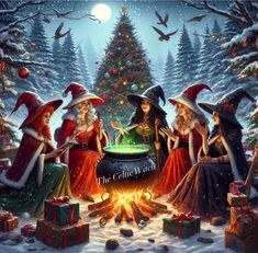 four witches sitting around a caulder in front of a christmas tree with presents