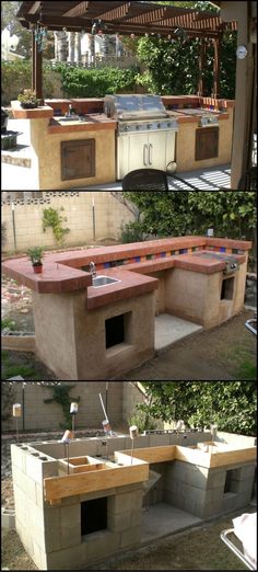 an outdoor kitchen built into the side of a building