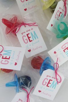 small candy bags with tags on them that say, you are a gem