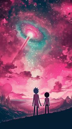 two people standing on top of a hill under a pink sky with stars and planets