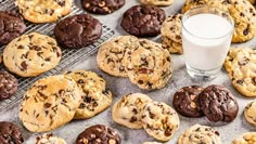 chocolate chip cookies and milk on a cooling rack