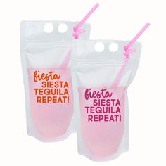 two plastic bags with straws in them and the words fiesta siesta tequila repeat